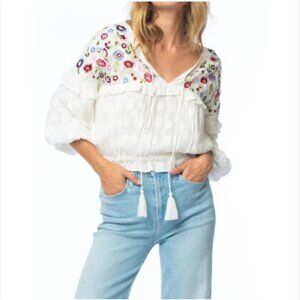 Mahila Floral Boho Baggy Peasant Style Cropped Top Tasseled Bohemian Sz Large